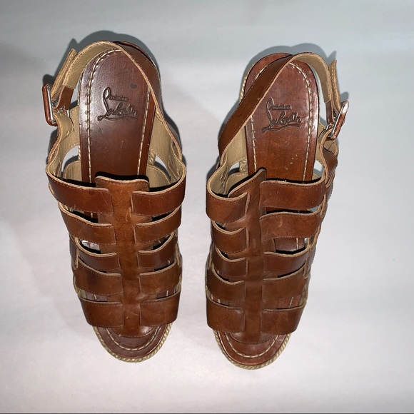 CHRISTIAN LOUBOUTIN size 37 brown calfskin GLADIATOR platform wedge heel SANDALS - Picture 5 of 11